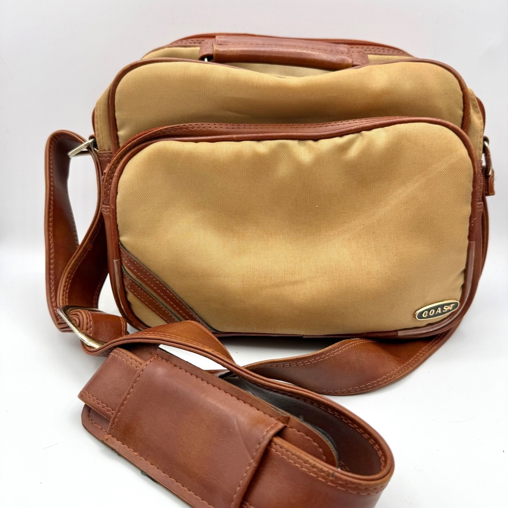 Coast Vintage Tan Canvas Brown Faux Leather Camera Messenger Bag Multi-Pocket